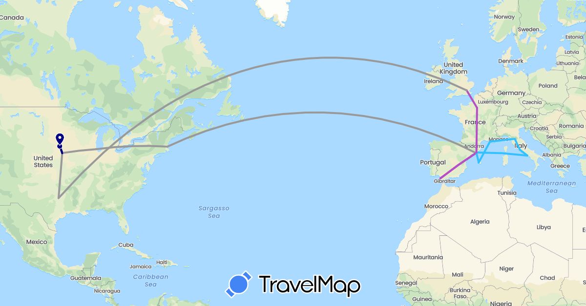 TravelMap itinerary: driving, plane, train, boat in Spain, France, United Kingdom, Italy, United States (Europe, North America)